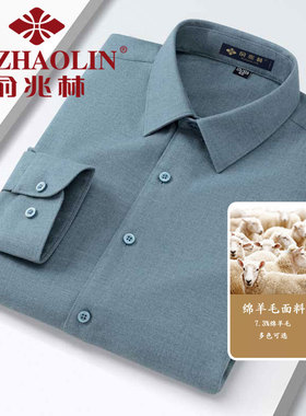 俞兆林羊毛衬衫男士长袖春秋季商务休闲纯色抗皱中青年灰绿色衬衣