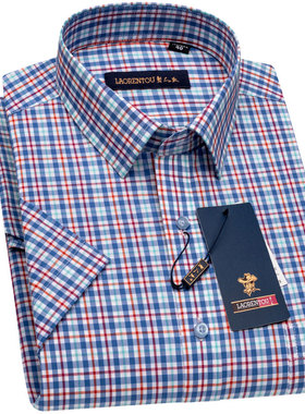 老人头纯棉短袖衬衫男蓝色格子夏季新款商务休闲中年爸爸全棉衬衣