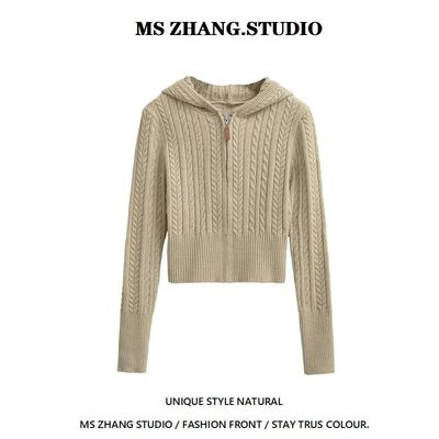 美式复古麻花拉链连帽针织衫