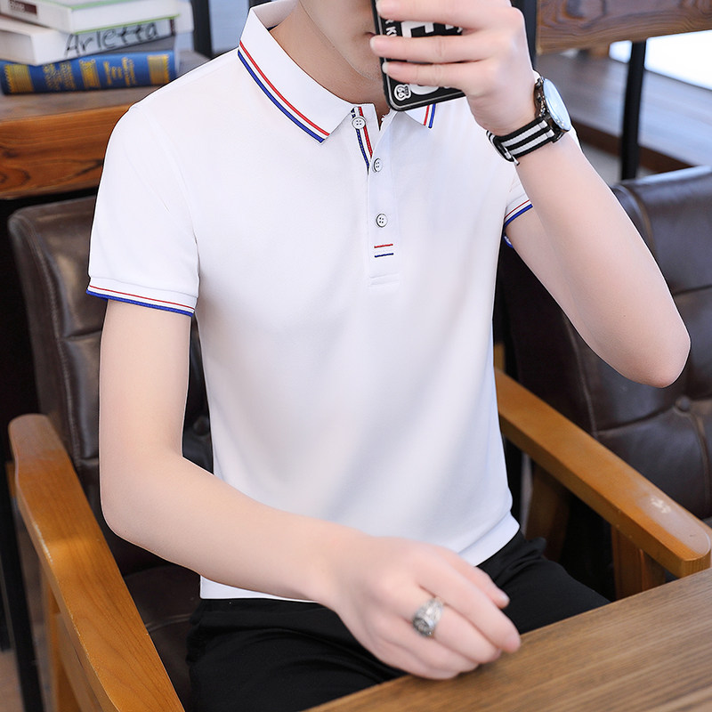 夏季纯色男士短袖衬衫领t恤大码休闲有领子衣服潮翻领青年半袖衫
