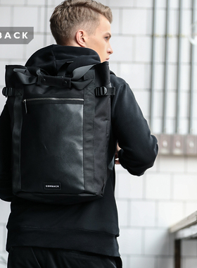 COMBACK双肩包时尚休闲男女情侣包包纯黑个性潮流旅行包学生书包