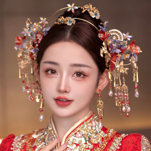 中式新娘金红色秀禾圣女冠头饰不对称设计新颖古装蓝紫色汉服发饰