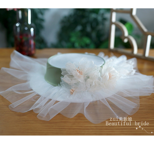 新品烫花绢纱羽毛百褶油画风礼帽新娘头饰影楼写真样片造型配饰品