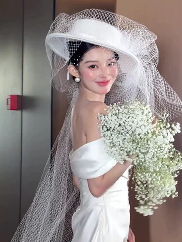 新娘韩式轻奢小众头饰超仙森系可爱头纱领证蓬蓬纱拍照婚纱礼帽