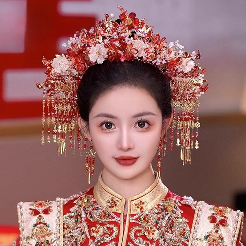 红色古典中式新娘秀禾服头饰减龄古风龙凤褂结婚传统古装婚礼发饰