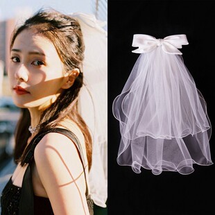 白鹿同款超仙短款蓬头纱新娘结婚拍照领证登记缎面蝴蝶结头纱头饰