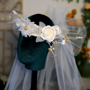 新款仙气手工花朵新娘画艺浪漫港风头纱旅拍婚纱跟妆头饰配饰