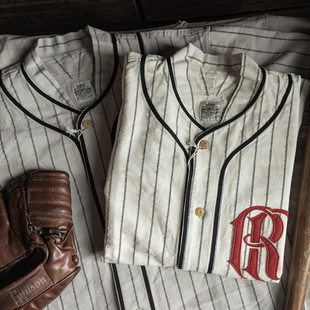 恶犬BRONSON 1930s 复古色织条纹棒球短袖衬衣纯棉工装毛毡刺绣衫