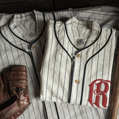 恶犬BRONSON 1930s 复古色织条纹棒球短袖衬衣纯棉工装毛毡刺绣衫