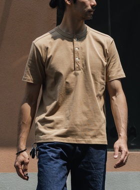 恶犬BRONSON 21s/2双纱重磅全棉亨利领打底衫 男美式复古短袖T恤