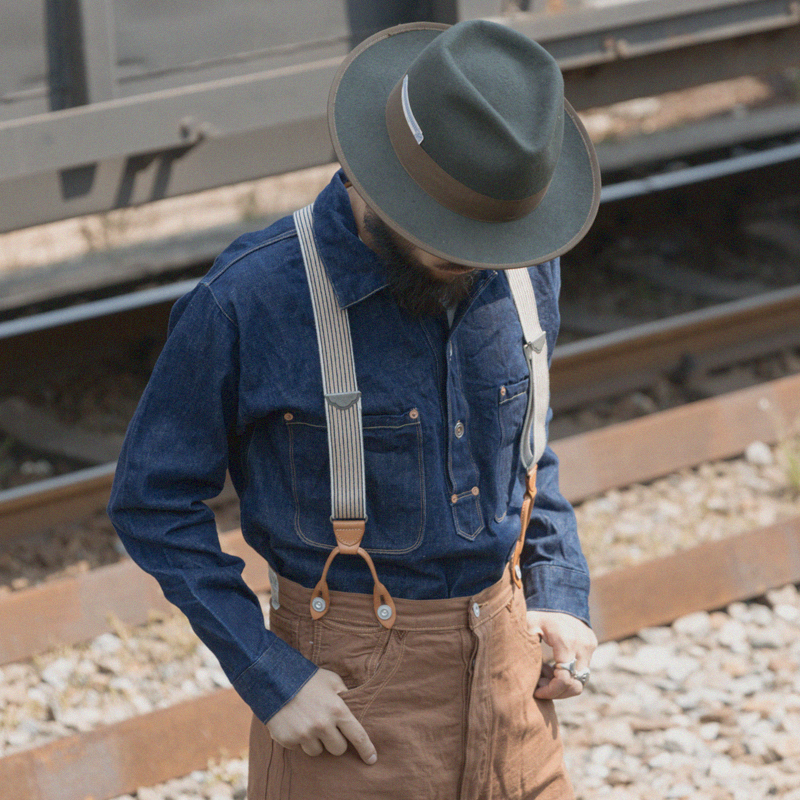 恶犬bronson复古拼皮工装背带Y型