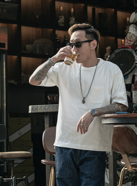 NON STOCK重磅加厚全棉宽松落肩短袖T恤CITY BOY大地素纯色口袋T