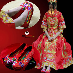 原创手工秀禾服婚鞋结婚绣花鞋新娘红布鞋新娘鞋红色平底婚鞋