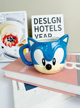 蓝色超音鼠陶瓷马克杯卡通手柄表情水杯咖啡杯子刺猬小子索尼克