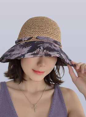 紫色拼接款草帽女25新款浪漫田园风防晒遮阳帽折叠盆帽沙滩太阳帽