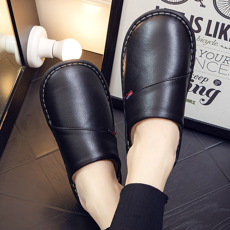 真皮棉拖鞋女秋冬季情侣居家室内防滑防水保暖加绒厚底男冬天家用