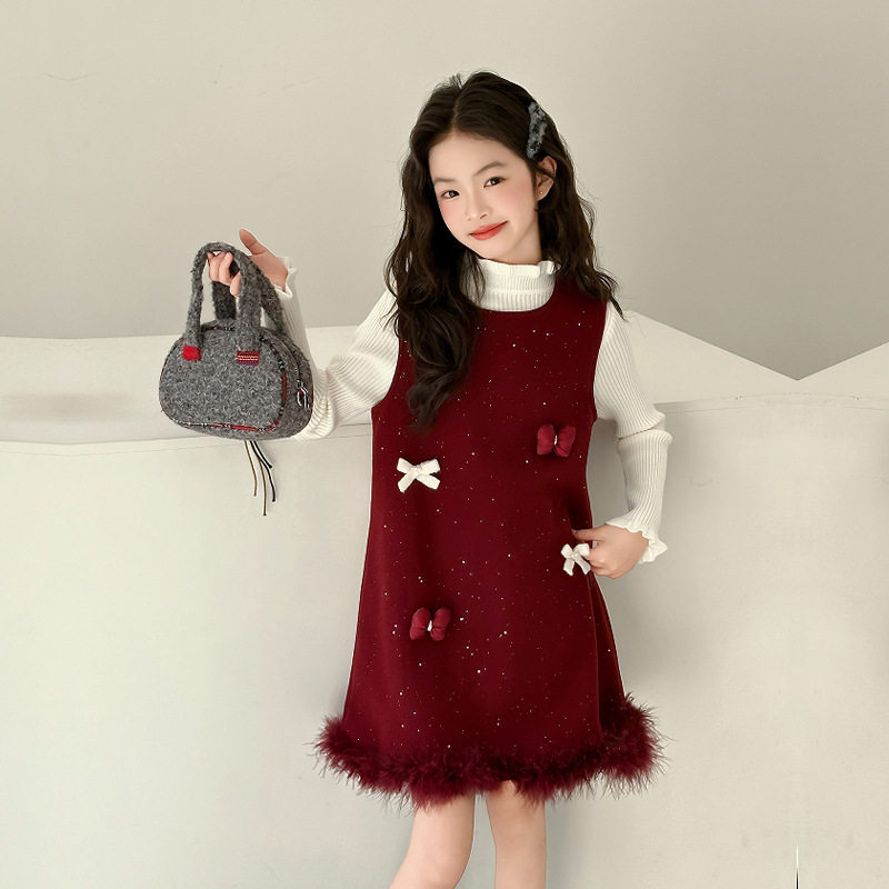女童秋冬毛呢裙2025新款儿童红色加绒背心连衣裙中大童年服两件套