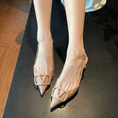 后空细跟凉鞋 V扣高跟鞋 女 百搭软皮法式 尖头单鞋 女2024年新款 夏季