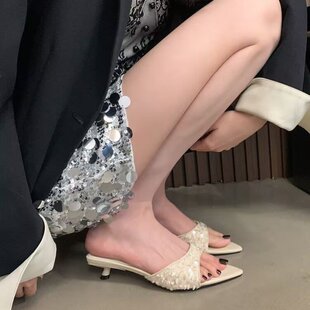鱼嘴拖鞋女水钻鞋子尖头时尚银色沙滩新款凉拖亮片高跟鞋低跟凉鞋