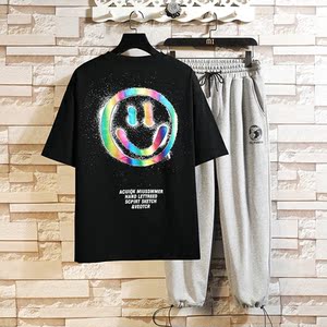 砖墙 2021夏季新款纯棉T恤运动休闲印花短袖T恤套装男 TZ112图片