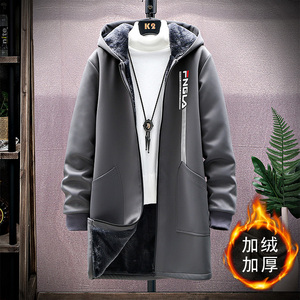 秋冬棉衣连帽外套2021男士大码加绒加厚中长款风衣男 F930图片