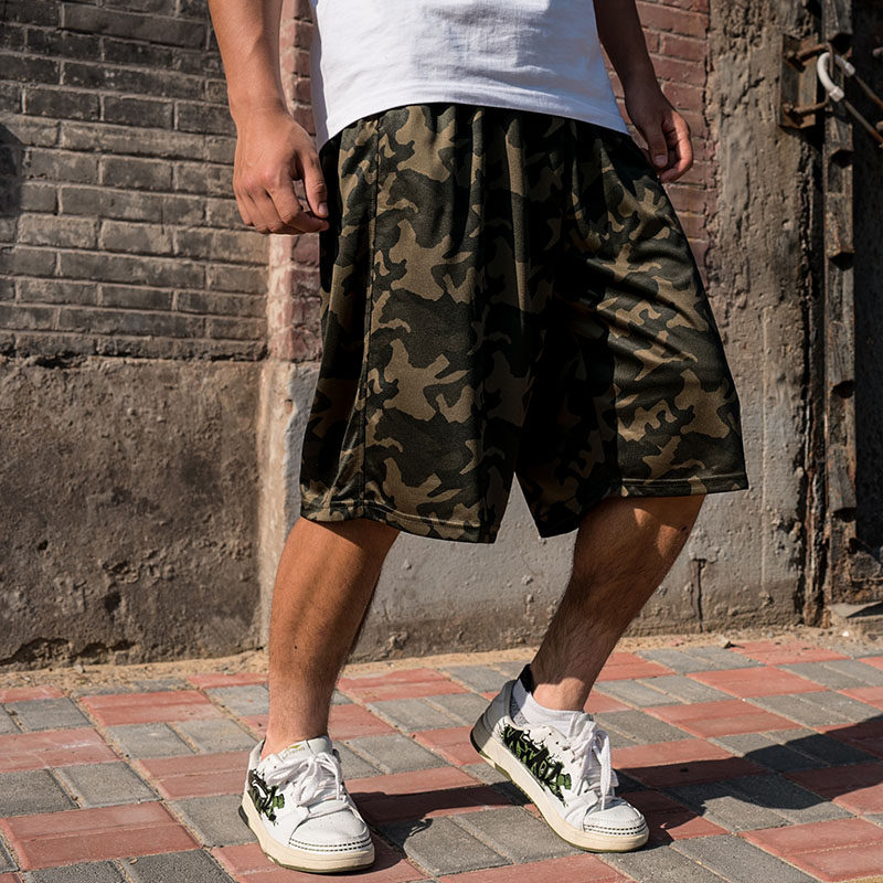 潮胖子男大码迷彩裤 夏天训练运动男短裤 嘻哈加肥宽松篮球七分裤