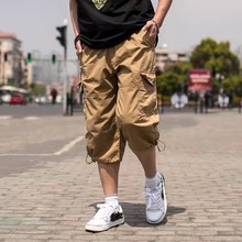 夏天多口袋短裤 纯棉七分裤男束脚阔腿7分工装裤加肥加大码男马裤