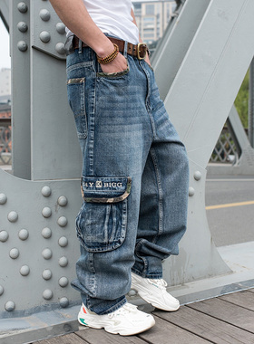 嘻哈滑板裤多口袋oldschool阔腿牛仔裤nzk肥佬胖子加肥男大码长裤