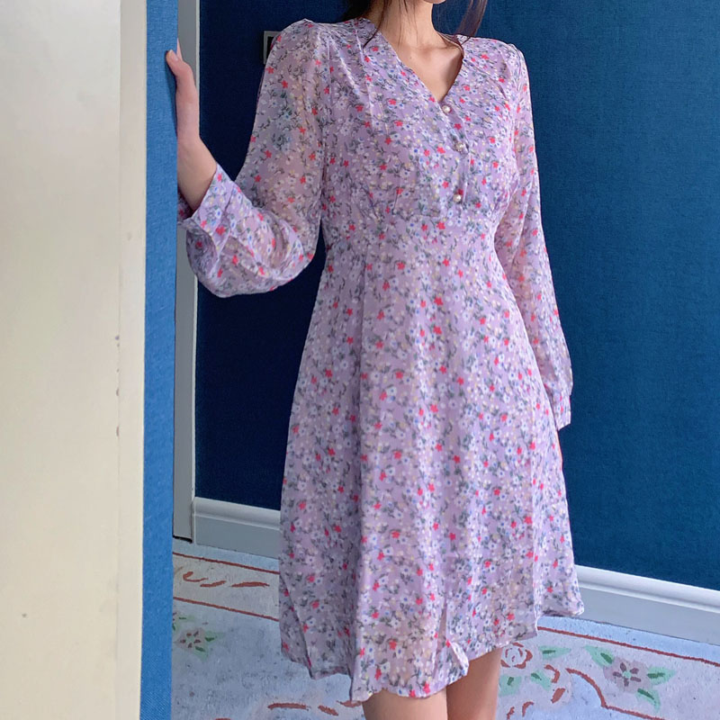 Real shot real price French retro floral dating small fragrance style waist closing dress