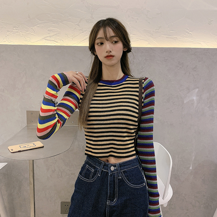 Real price retro slim open navel short color contrast stripe long sleeve foreign style knitted T-shirt