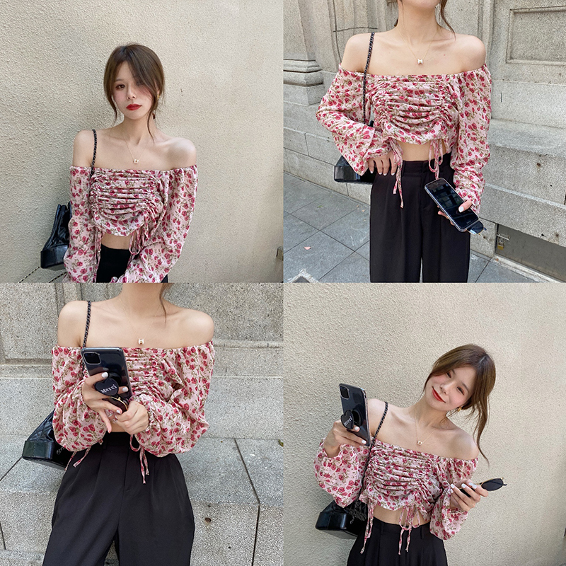 Real Price vintage square neck Floral Chiffon shirt women's net red drawstring Long Sleeve Jacket