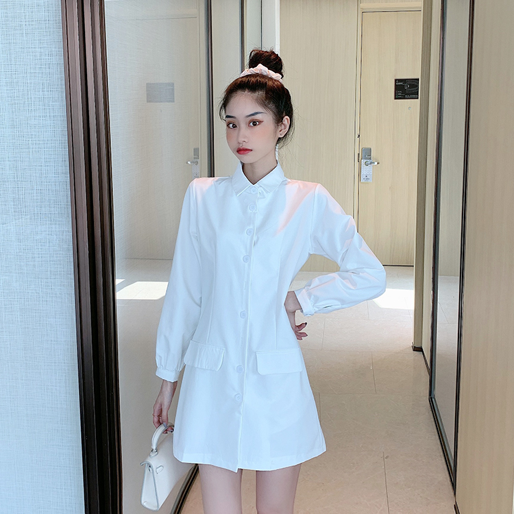 Real shot real price minority retro suit collar single breasted waist pocket show thin dress