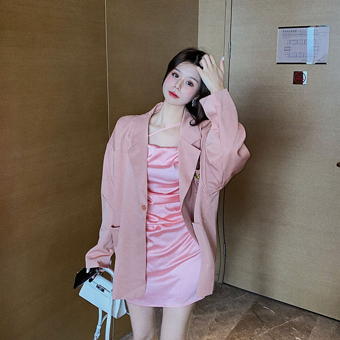 Korean loose suit coat + Satin suspender dress
