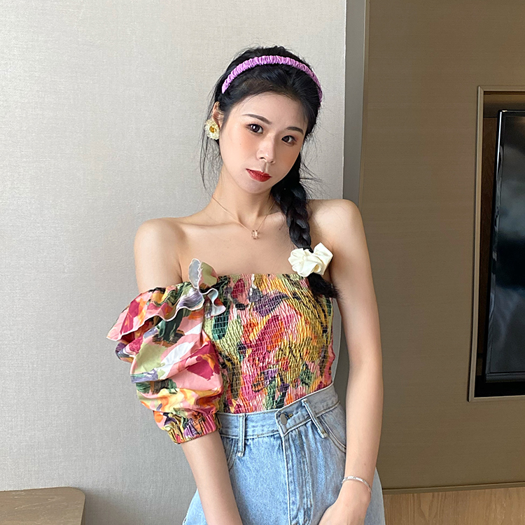 Real shot real price ins small mind off shoulder Ruffle edge bubble sleeve Vintage printed chiffon shirt