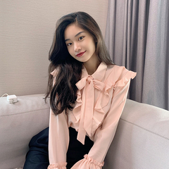 Real shot real price palace style layer by layer lotus leaf bow chiffon shirt