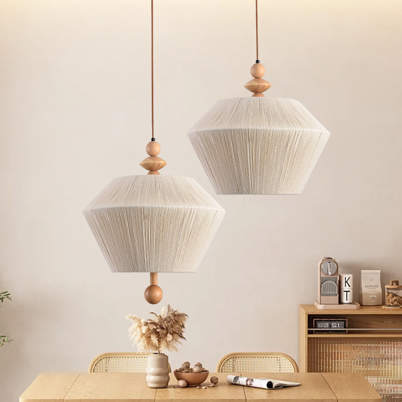 中古实木民宿卧室吊灯侘寂风复古客厅茶室棉线灯日式餐厅编织灯具