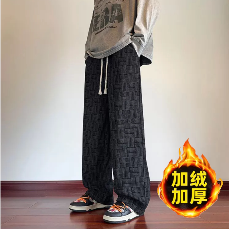 秋冬季加绒灯芯绒裤子男美式高街潮牌扎染直筒运动潮男条纹长裤潮