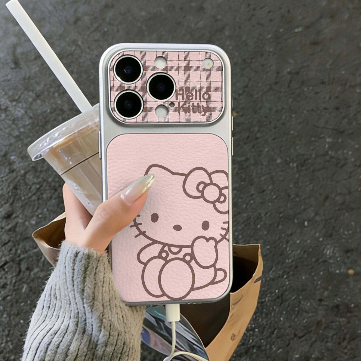 粉底格子凯蒂猫适用于iphon手机保护套/壳