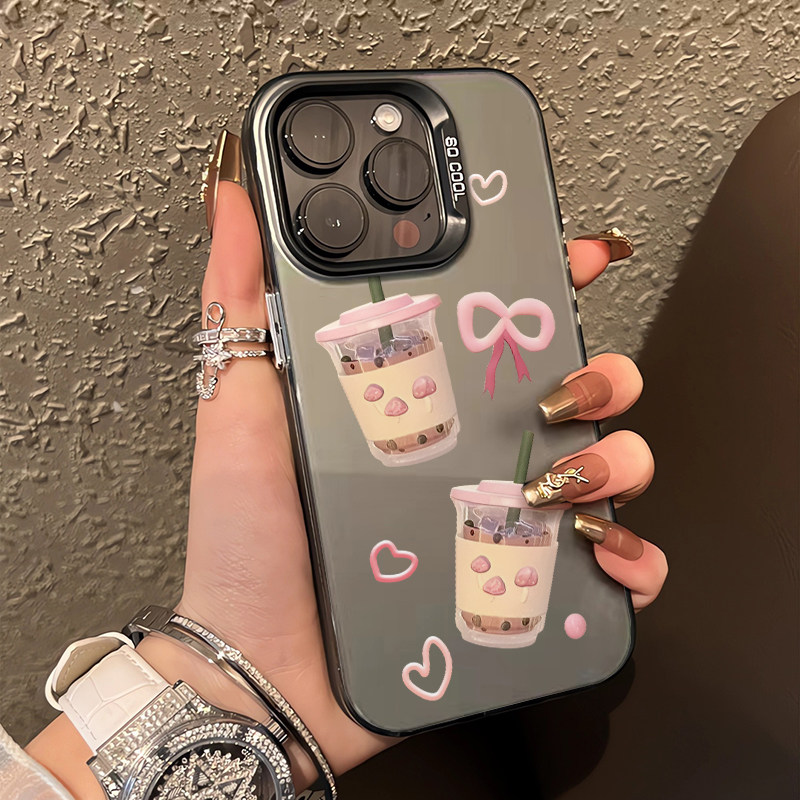 INS蝴蝶结珍珠奶茶适用于iphone16promax手机壳苹果16高级感15pro防摔11硬壳14pro网红13韩系1