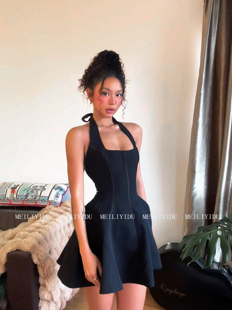 Customized plus Size Sexy Black Open Back Fishbone Halterneck Dress Temperament Waist-Controlled Slimming Puff Short Skirt