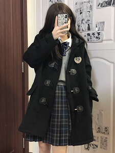 jk制服毛呢中长牛角扣大衣外套