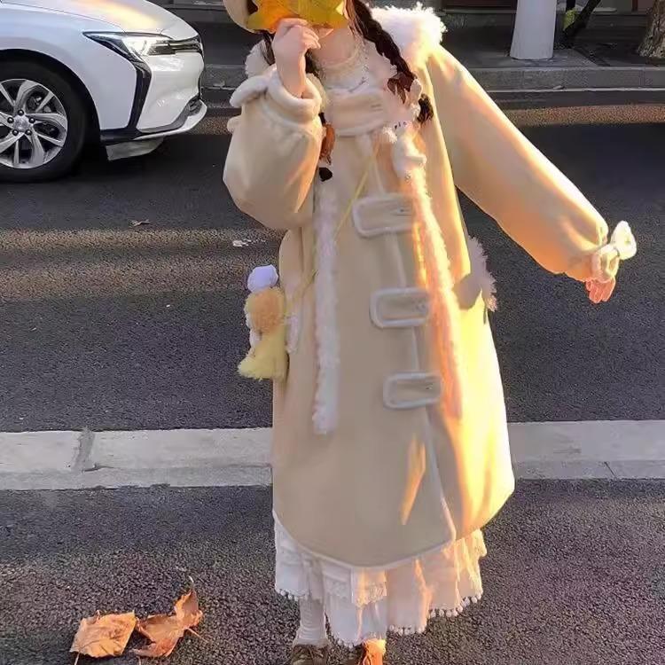 jk制服奶黄色牛角扣毛呢外套