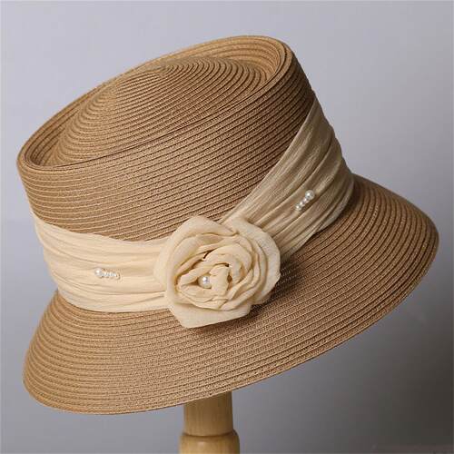 法式赫本风草编网纱花朵防晒帽