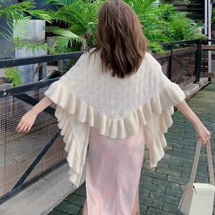 三角中式旗袍披肩斗篷文艺贵妇针织春秋荷叶边风搭肩小香风民族风