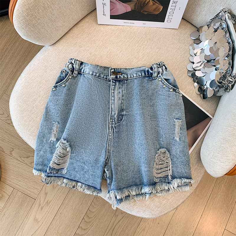 特大码300斤夏季胖mm高腰破洞牛仔短裤女200宽松显瘦毛边高腰热裤