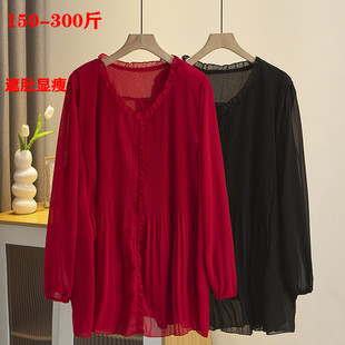特大码女装2025春夏长袖V领雪纺衫300斤胖mm洋气显瘦遮肚红色上衣