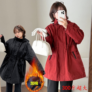 特大码 连帽保暖加棉外套女冬装 胖mm宽松显瘦棉服 工装 300斤中长款
