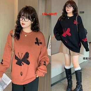 260斤特大码蝶慵懒风软糯圆领毛衣女韩版200胖mm宽松针织衫上衣冬
