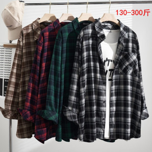 宽松磨毛格子衬衫 2025秋季 300斤胖mm韩版 女装 休闲外套上衣 特大码