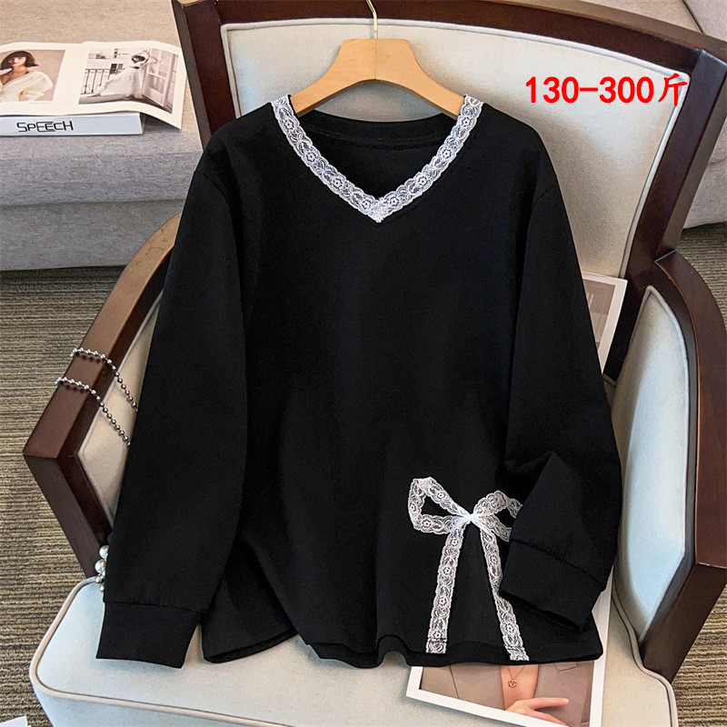 特大码秋冬V领长袖卫衣打底衫女
